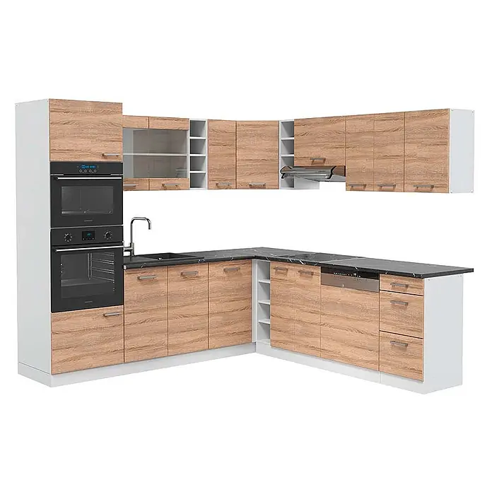 Vicco Eckküche R-Line Sonoma/Weiß, AP Anthrazit - B x T: 247 x 60 cm, Sonoma, Ohne Elektrogeräte - Moderne L-förmige Küche mit hellen Holzfronten, weißen Paneelen, schwarzer Arbeitsplatte, integrierten Öfen, Spüle, Kochfeld und Geschirrspüler.
