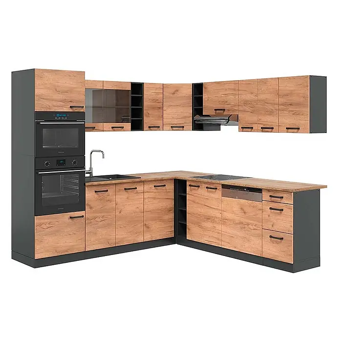 Eckküche R-Line 247 cm Goldkraft Eiche Art.-Nr. 42978 -  - Moderne L-förmige Küche mit hellen Holzfronten und anthrazitfarbenen Rahmen, inkl. integrierten Öfen, Kochfeld, Spüle und Geschirrspüler.