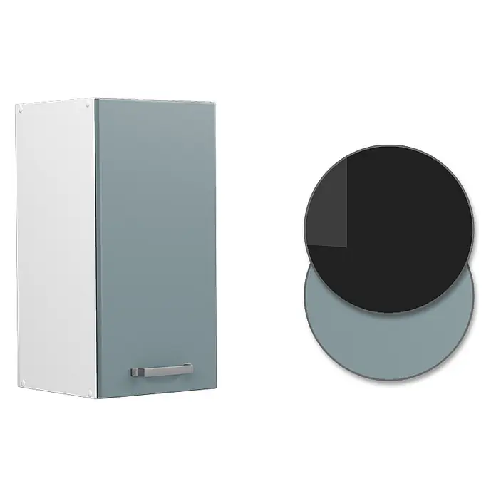Vicco Schrankküche R-Line Blau-Grau - Blau-Grau, Hängeschrank 30 cm - Weißer und hellgraublauer Wandschrank mit silbernem Griff.