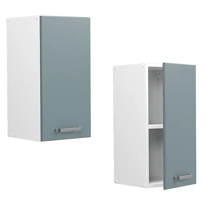 Vicco Schrankküche R-Line Blau-Grau - Blau-Grau, Hängeschrank 30 cm - Zwei Wandschränke, einer geschlossen und einer offen mit Regal, mit weißen Rahmen und blau-grauen Türen mit Griffen.