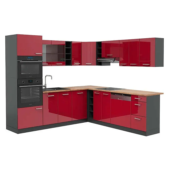 Vicco Eckküche R-Line Rot Hochglanz/Anthrazit, AP Eiche - B x T: 247 x 60 cm, Rot Hochglanz, Ohne Elektrogeräte - L-förmige Küche mit hochglänzenden roten Fronten, dunkelgrauen Rahmen und heller Holzplatte, inkl. integrierten Öfen, Spüle, Kochfeld und Geschirrspüler.