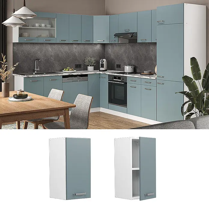 Vicco Schrankküche R-Line Blau-Grau - Blau-Grau, Hängeschrank 30 cm - Moderner blaugrauer Küchen-Hängeschrank mit weißem Korpus, auch in einer Küche installiert gezeigt.