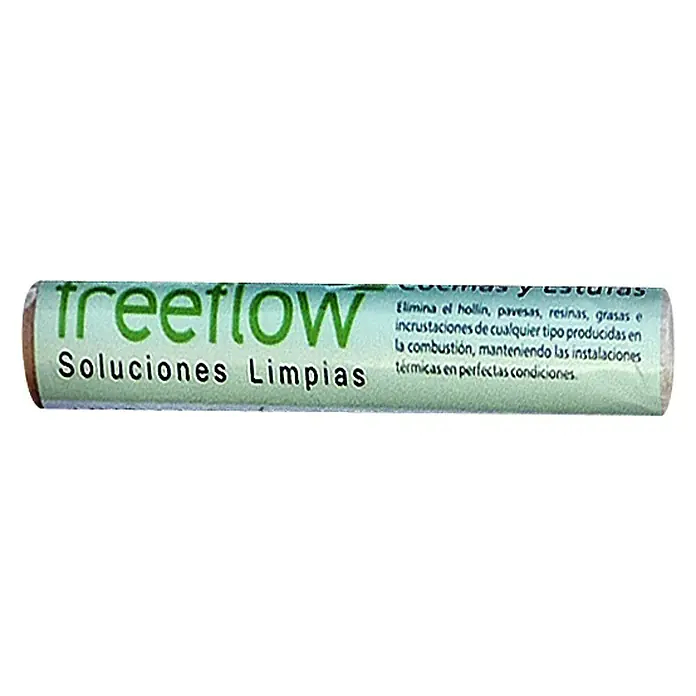 Deshollinador - Apto para: Chimeneas - Imagen del producto de un limpiador "Freeflow Soluciones Limpias" que elimina hollín, resinas y grasa de plantas de combustión.