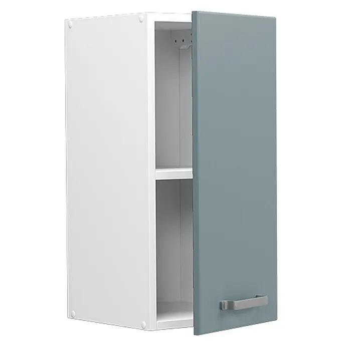 Vicco Schrankküche R-Line Blau-Grau - Blau-Grau, Hängeschrank 30 cm - Weißer Wandschrank mit blaugrauer Tür, teilweise offen mit Regalböden und silbernem Griff.