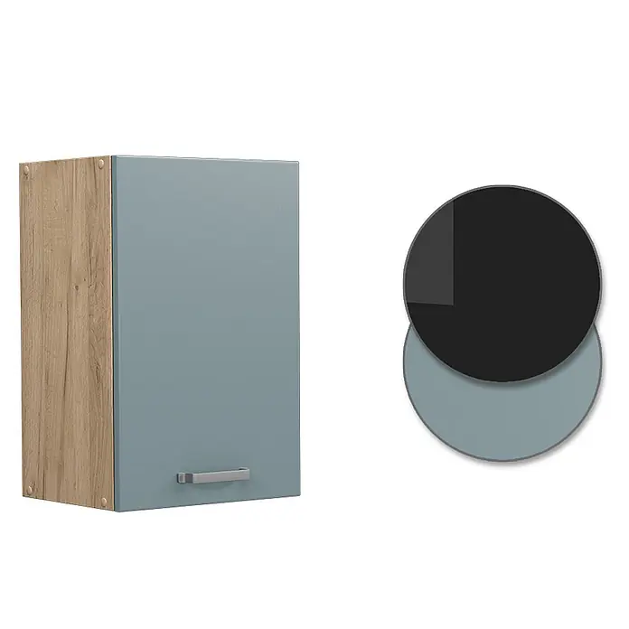 Vicco Schrankküche R-Line Blau-Grau - Blau-Grau, Hängeschrank 40 cm - Wandschrank mit heller Holzoptik-Seitenwand und hellblau-grauer Tür mit silbernem Griff.