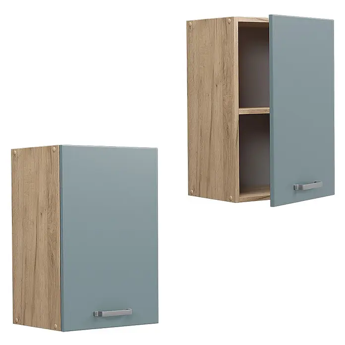 Vicco Schrankküche R-Line Blau-Grau - Blau-Grau, Hängeschrank 40 cm - Zwei helle Holzoptik-Wandschränke mit hellblauen Türen, einer offen mit Regal, einer geschlossen. Beide haben silberne Griffe.