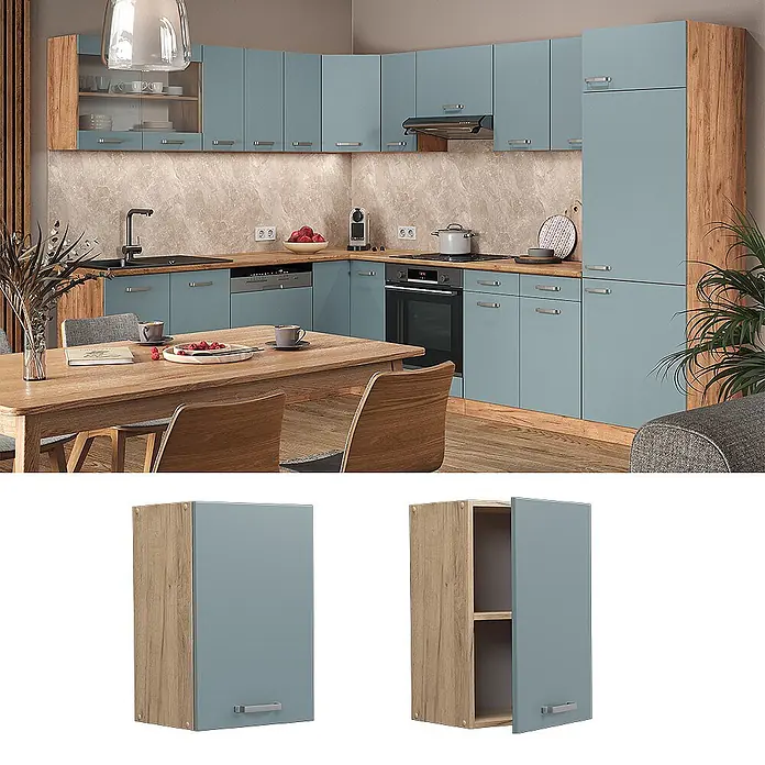 Vicco Schrankküche R-Line Blau-Grau - Blau-Grau, Hängeschrank 40 cm - Eckküche mit hellblauen Fronten und Holzdekor-Paneelen, inklusive Einbaugeräten.