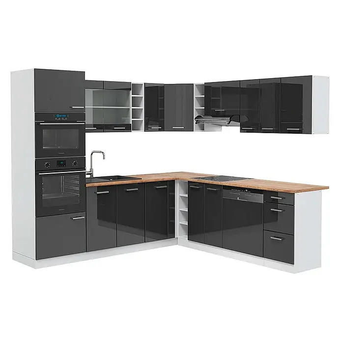 Vicco Eckküche R-Line Anthrazit Hochglanz/Weiß, AP Eiche - B x T: 247 x 60 cm, Anthrazit Hochglanz, Ohne Elektrogeräte - Moderne L-förmige Küche mit dunkelgrauen Hochglanzfronten, Holzarbeitsplatte, integrierten Geräten und offenen Regalen.