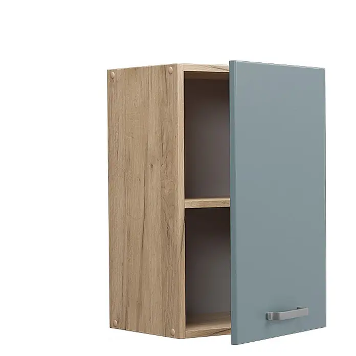 Vicco Schrankküche R-Line Blau-Grau - Blau-Grau, Hängeschrank 40 cm - Kleiner Holz-Wandschrank mit leicht geöffneter hellblauer Tür, zwei Einlegeböden und silbernem Griff.