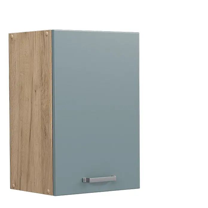 Vicco Schrankküche R-Line Blau-Grau - Blau-Grau, Hängeschrank 40 cm - Wandschrank mit heller Holzoptik-Seitenwand und hellblau-grauer Tür mit silbernem Griff.