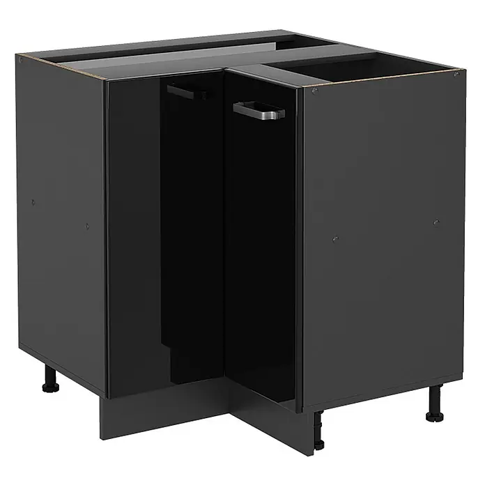 Vicco Schrankküche R-Line Schwarz Hochglanz ohne Arbeitsplatte - Schwarz Hochglanz, Eckunterschrank - Schwarzer Eckunterschrank mit zwei Türen, Metallgriffen und verstellbaren Füßen, für Küchenecken.