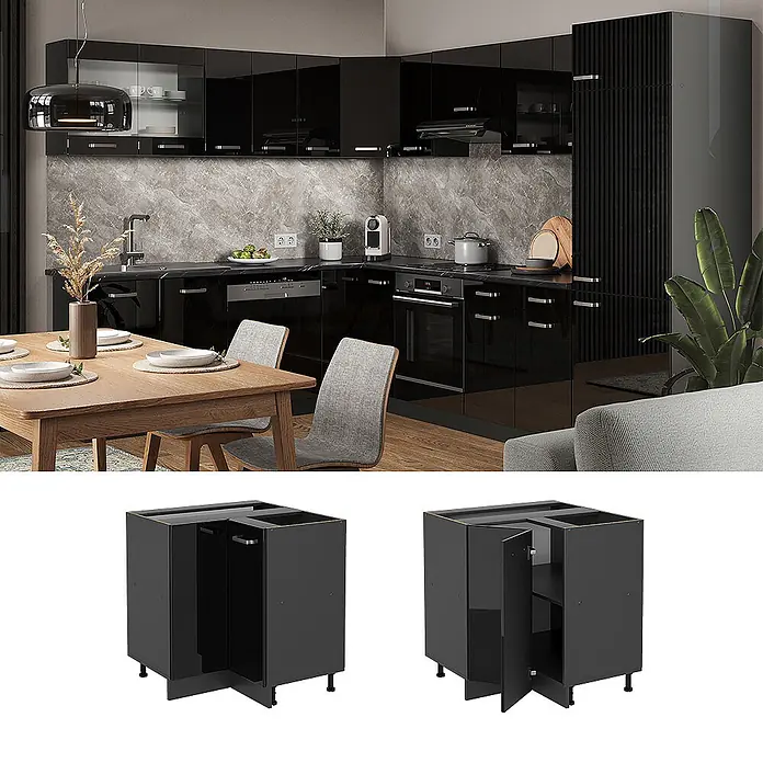 Vicco Schrankküche R-Line Schwarz Hochglanz ohne Arbeitsplatte - Schwarz Hochglanz, Eckunterschrank - Schwarze Hochglanz-Kücheneckunterschränke, in moderner Küche gezeigt, mit ausziehbaren oder Regallösungen für den Innenraum.