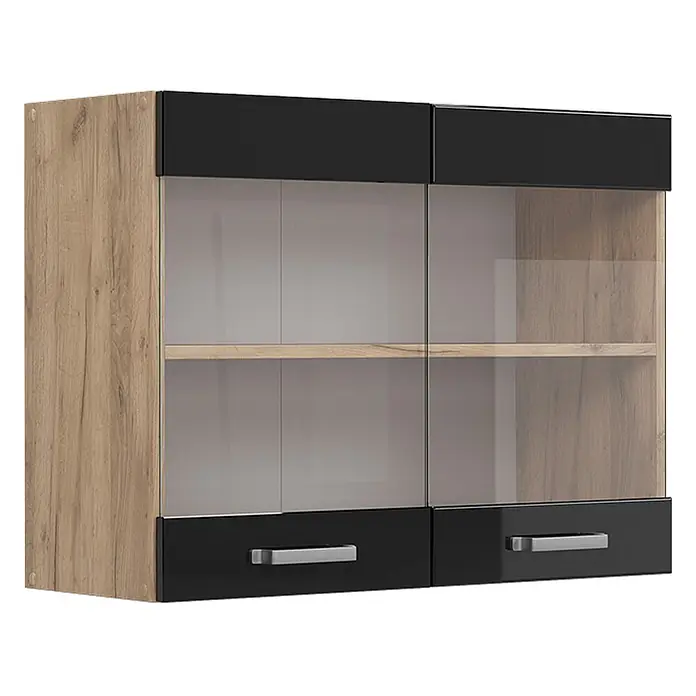 Vicco Schrankküche R-Line Schwarz Hochglanz - Schwarz Hochglanz, Hängeglasschrank 80 cm - Hängeschrank aus hellem Holz mit schwarzen Akzenten, Glastüren und zwei unteren Fächern mit Griffen.