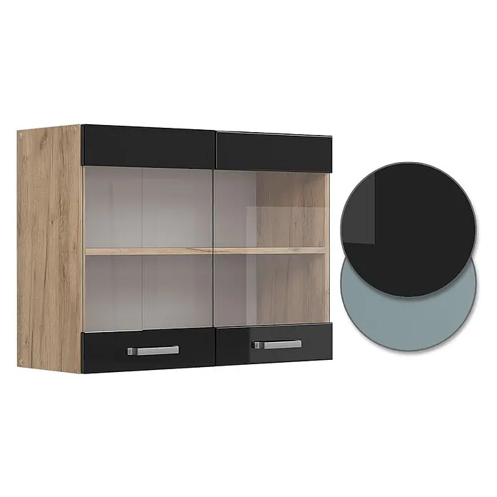 Vicco Schrankküche R-Line Schwarz Hochglanz - Schwarz Hochglanz, Hängeglasschrank 80 cm - Hängeschrank in Eiche-Optik mit schwarzen Paneelen und Glastüren, inklusive zwei Schubladen.