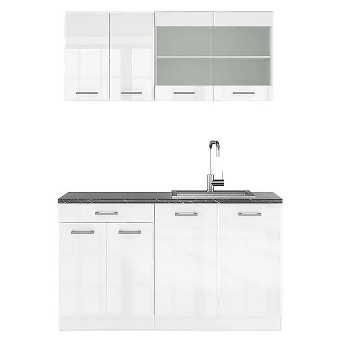Vicco Singleküche R-Line Weiß Hochglanz/Weiß, AP Anthrazit - Breite: 140 cm, Weiß Hochglanz, Mit AP Anthrazit - Weiße Hochglanz-Küchenzeile mit dunkler Arbeitsplatte, Spüle und Wasserhahn. Oberschränke mit festen und Glastüren, Unterschränke mit Schubladen und Türen.