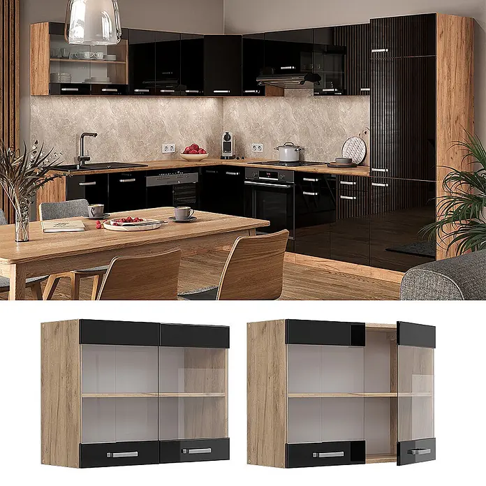 Vicco Schrankküche R-Line Schwarz Hochglanz - Schwarz Hochglanz, Hängeglasschrank 80 cm - Wandküchenschrank mit hellen Holzseiten, schwarzen Hochglanztüren mit Glaseinsätzen und silbernen Griffen.