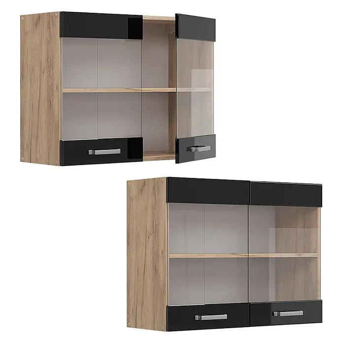 Vicco Schrankküche R-Line Schwarz Hochglanz - Schwarz Hochglanz, Hängeglasschrank 80 cm - Wandregal in Holzoptik und Schwarz mit Glastüren und silbernen Griffen.