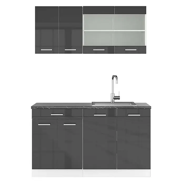 Vicco Singleküche R-Line, Anthrazit Hochglanz, 140 cm -  - Glänzende dunkelgraue Küchenzeile mit Ober- und Unterschränken, einer dunklen Marmoroptik-Arbeitsplatte und einer Chromspüle mit Armatur.