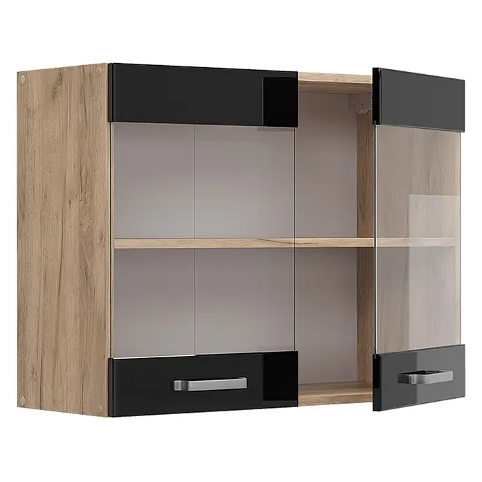 Vicco Schrankküche R-Line Schwarz Hochglanz - Schwarz Hochglanz, Hängeglasschrank 80 cm - Wandschrank in Eichenoptik mit schwarzen Hochglanzpaneelen und Glastüren, eine offen, zur Aufbewahrung oder Präsentation.