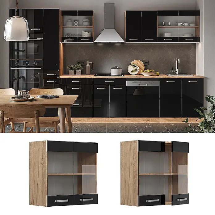 Vicco Schrankküche R-Line Schwarz Hochglanz - Schwarz Hochglanz, Hängeglasschrank 60 cm - Moderne schwarze Küche mit Hochglanzschränken, hellen Holzakzenten und Vitrinen.