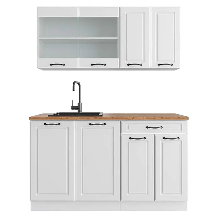 Vicco Singleküche R-Line Weiß Landhaus/Weiß, AP Eiche - Breite: 140 cm, Weiß Landhaus, Mit AP Eiche - Weißes Küchenschrank-Set mit Holzplatte, schwarzem Waschbecken und Griffen.