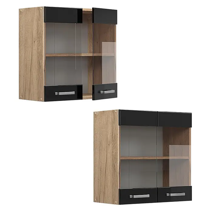 Vicco Schrankküche R-Line Schwarz Hochglanz - Schwarz Hochglanz, Hängeglasschrank 60 cm - Eiche-Optik Hängeschrank mit schwarzen Hochglanzpaneelen, Glastüren und silbernen Griffen, geöffnet und geschlossen dargestellt.
