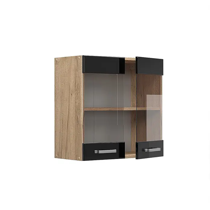 Vicco Schrankküche R-Line Schwarz Hochglanz - Schwarz Hochglanz, Hängeglasschrank 60 cm - Hängeschrank in Holzoptik mit zwei schwarzen Hochglanz- und Glastüren, einem Innenregal und silbernen Griffen.