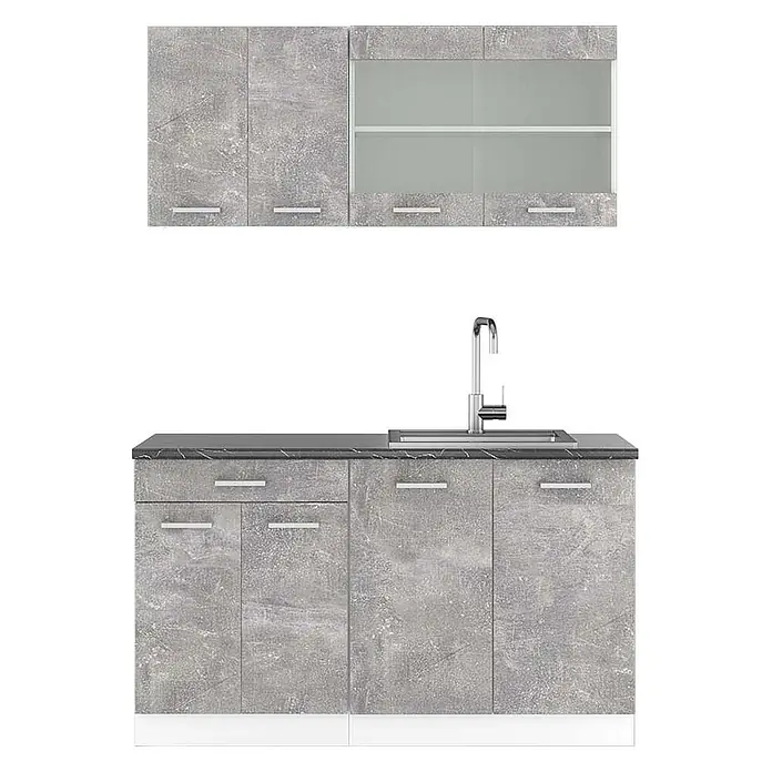 Vicco Singleküche R-Line Beton/Weiß, AP Anthrazit - Beton, Mit AP Anthrazit - Graue Küchenzeile im Beton-Look mit Ober- und Unterschränken, dunkler Arbeitsplatte und integrierter Spüle.
