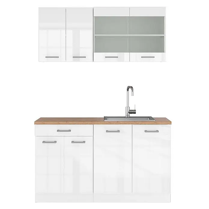 Vicco Singleküche R-Line Weiß Hochglanz/Weiß, AP Eiche - Breite: 140 cm, Weiß Hochglanz, Mit AP Eiche - Weiße Hochglanz-Küchenzeile mit Ober- und Unterschränken, Holzarbeitsplatte und Edelstahlspüle mit Chromarmatur.