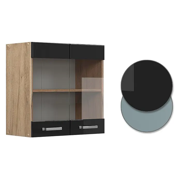 Vicco Schrankküche R-Line Schwarz Hochglanz - Schwarz Hochglanz, Hängeglasschrank 60 cm - Wandschrank mit Eichenholzrahmen, schwarzen Hochglanz-Türen/Schubladen und Glasmittelteilen mit Regalböden.