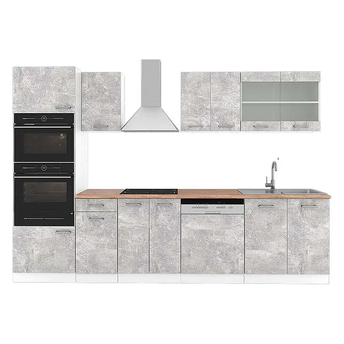 Vicco Küchenzeile R-Line Beton/Weiß mit Hochschrank, AP Eiche - Breite: 300 cm, Beton, Ohne Elektrogeräte - Moderne Küche in Betonoptik Grau mit Holz-Arbeitsplatte, Einbauöfen, Kochfeld, Spüle, Spülmaschine und Dunstabzugshaube.