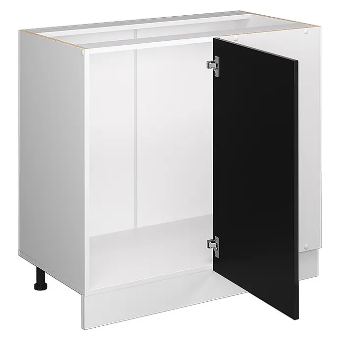 Vicco Eckunterschrank R-Line, Schwarz Hochglanz, 86 cm -  - Weißer Küchenunterschrank mit offener schwarzer Tür.