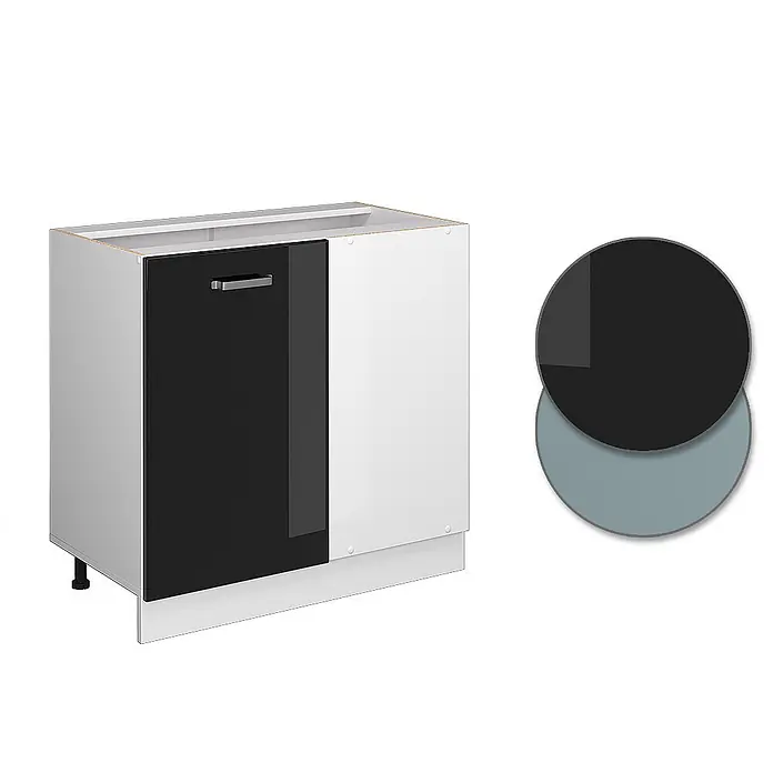 Vicco Eckunterschrank R-Line, Schwarz Hochglanz, 86 cm -  - Küchenunterschrank in Schwarz und Weiß mit schwarzer Tür und weißer Seitenplatte. Inklusive schwarzer und grauer Farbmuster.