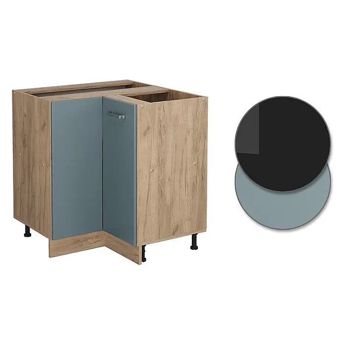 Vicco Schrankküche R-Line Blau-Grau, AP Eiche - Blau-Grau, Eckunterschrank, AP Eiche - Eck-Küchenunterschrank mit heller Holzoptik und blaugrauen Türen.