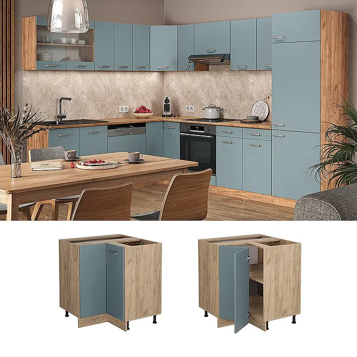 Vicco Schrankküche R-Line Blau-Grau, AP Eiche - Blau-Grau, Eckunterschrank, AP Eiche - Moderne Küche mit blaugrauen Fronten und Holzdekor, einschließlich Eckunterschrank mit Regalen.