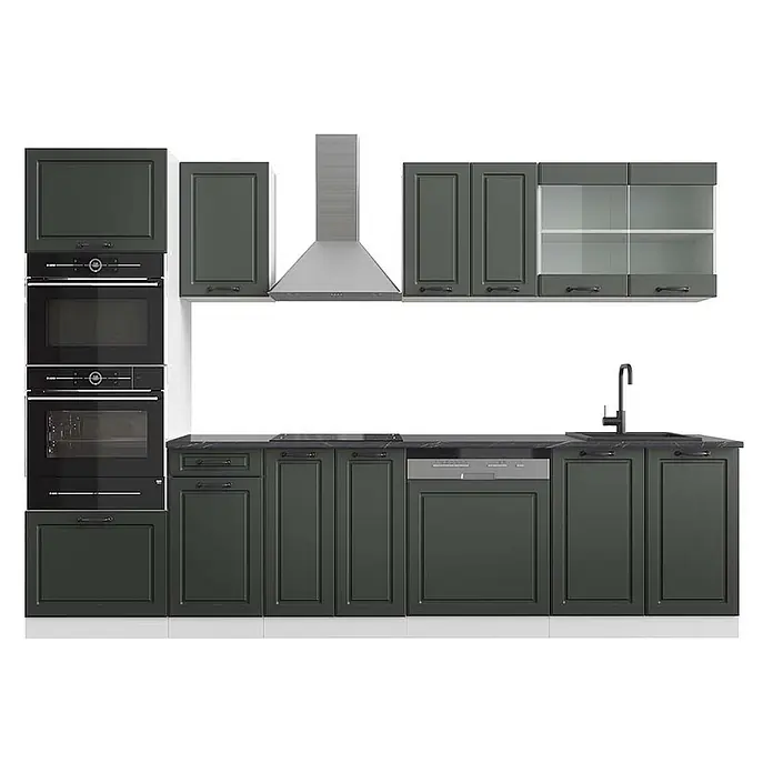 Vicco Küchenzeile R-Line Anthrazit Landhaus/Weiß mit Hochschrank, AP Anthrazit - Breite: 300 cm, Anthrazit Landhaus, Ohne Elektrogeräte - Dunkelgrüne modulare Küchenschränke mit integrierten Öfen, Kochfeld, Spüle und Geschirrspüler.
