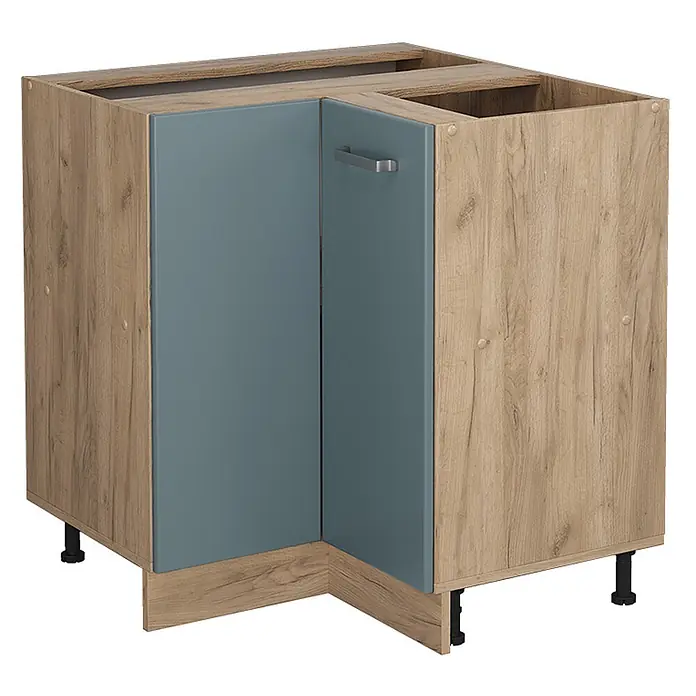Vicco Schrankküche R-Line Blau-Grau ohne Arbeitsplatte - Blau-Grau, Eckunterschrank - Eckunterschrank für die Küche mit Korpus in Holzoptik und blaugrauen Türen, auf schwarzen Stellfüßen.