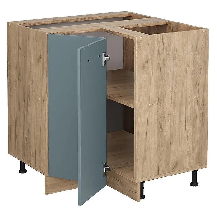 Vicco Schrankküche R-Line Blau-Grau, AP Eiche - Blau-Grau, Eckunterschrank, AP Eiche - L-förmiger Küchenunterschrank in heller Holzoptik mit offener blaugrauer Tür und Regalböden, auf verstellbaren Füßen.