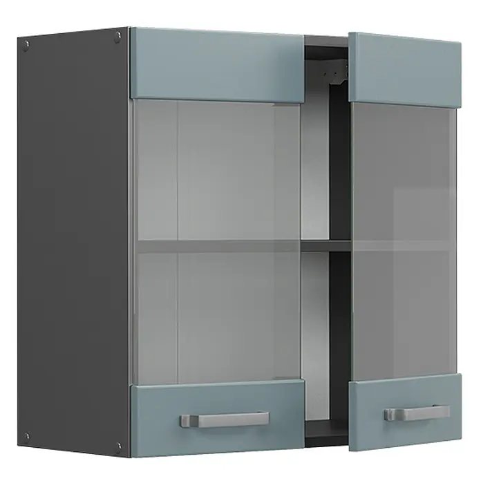 Vicco Schrankküche R-Line Blau-Grau - Blau-Grau, Hängeglasschrank 60 cm - Dunkelgrauer Hängeschrank mit hellblau-grauen Paneelen, Milchglastüren und silbernen Griffen. Eine Tür ist angelehnt.