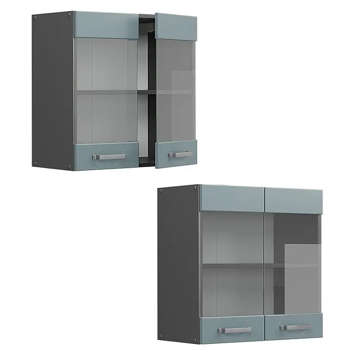 Vicco Schrankküche R-Line Blau-Grau - Blau-Grau, Hängeglasschrank 60 cm - Dunkelgrauer und blauer Hängeschrank mit Glastüren und Metallgriffen.