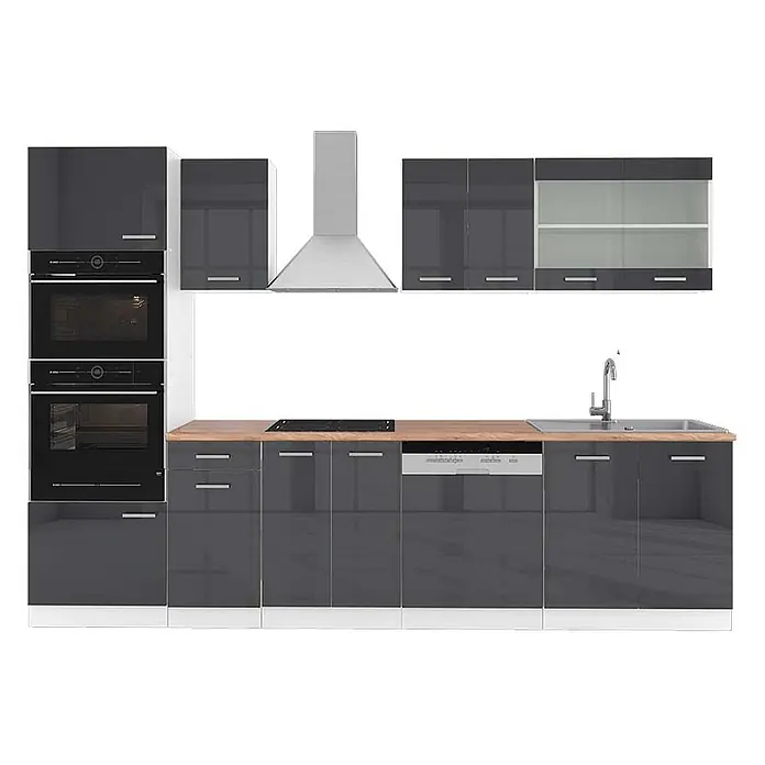 Vicco Küchenzeile R-Line Anthrazit Hochglanz/Weiß mit Hochschrank, AP Eiche - Breite: 300 cm, Anthrazit Hochglanz, Ohne Elektrogeräte - L-förmige Küchenzeile mit hochglänzenden dunkelgrauen Fronten und Holz-Arbeitsplatte, inkl. Einbauöfen, Kochfeld, Dunstabzug, Spüle, Geschirrspüler.