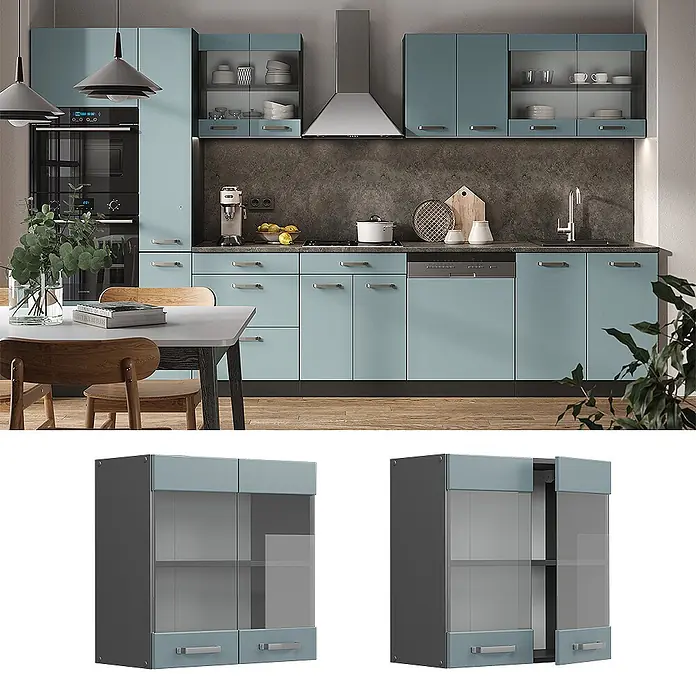 Vicco Schrankküche R-Line Blau-Grau - Blau-Grau, Hängeglasschrank 60 cm - Moderne Küche mit blaugrauen Schränken, teilweise mit Glasfronten, integrierten Geräten und grauen Arbeitsplatten.