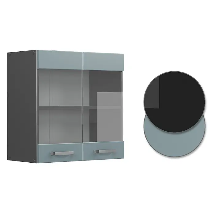 Vicco Schrankküche R-Line Blau-Grau - Blau-Grau, Hängeglasschrank 60 cm - Zweitüriger Hängeschrank mit dunkelgrauer Seite, blau-grauen Ober-/Unterseiten, Glastüren und zwei Schubladen mit silbernen Griffen.