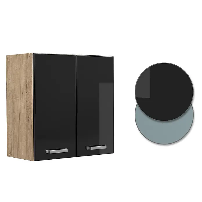 Vicco Schrankküche R-Line Schwarz Hochglanz - Schwarz Hochglanz, Hängeschrank 60 cm - Zweitüriger Hängeschrank mit hellem Holzdekor an der Seite und glänzend schwarzen Fronten, silberne Griffe.