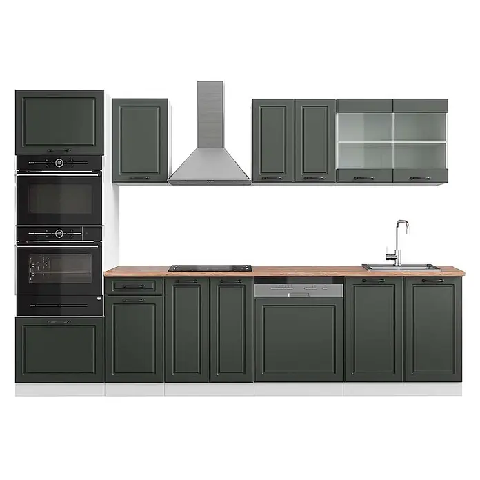 Vicco Küchenzeile R-Line, Anthrazit Landhaus, 300 cm -  - Dunkelgraue Küchenzeile mit Holzplatte und Edelstahlgeräten.