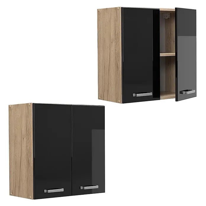 Vicco Schrankküche R-Line Schwarz Hochglanz - Schwarz Hochglanz, Hängeschrank 60 cm - Zwei Hängeschränke mit Holzseiten und glänzenden schwarzen Türen. Einer ist offen mit einem Einlegeboden, der andere ist geschlossen.