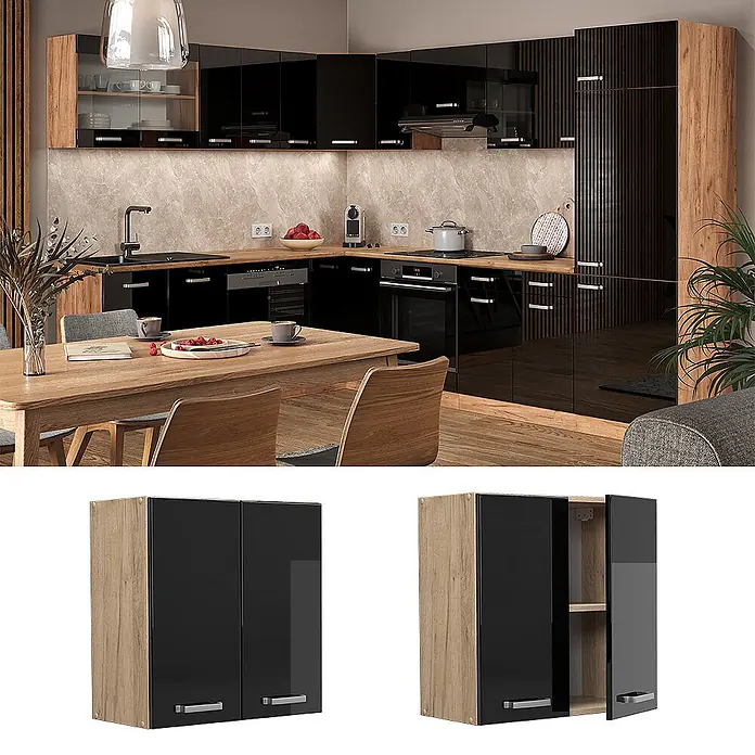 Vicco Schrankküche R-Line Schwarz Hochglanz - Schwarz Hochglanz, Hängeschrank 60 cm - Schwarzer glänzender Küchenwandschrank mit Eichenholz-Rahmen, bietet stilvollen Stauraum in moderner Küche.