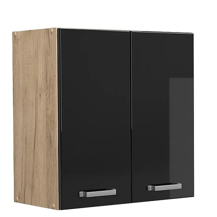 Vicco Schrankküche R-Line Schwarz Hochglanz - Schwarz Hochglanz, Hängeschrank 60 cm - Zweitüriger Wandschrank mit heller Holzoptik-Seite und hochglänzenden schwarzen Fronten, mit silbernen Griffen.
