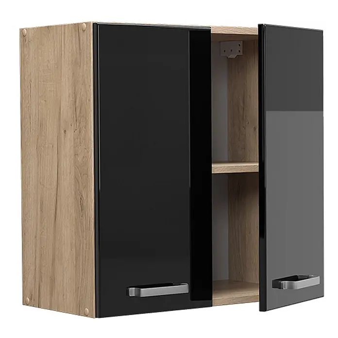 Vicco Schrankküche R-Line Schwarz Hochglanz - Schwarz Hochglanz, Hängeschrank 60 cm - Wandschrank mit Holzmaserung-Seiten und schwarzen Hochglanztüren, eine leicht geöffnet mit Regal. Silberne Griffe.