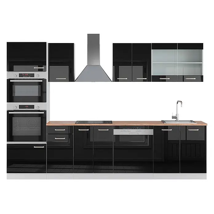 Vicco Küchenzeile R-Line Schwarz Hochglanz/Weiß mit Hochschrank, AP Eiche - Schwarz Hochglanz, Ohne Elektrogeräte - Moderne schwarze Hochglanzküche mit integrierten Öfen, Kochfeld, Geschirrspüler, Spüle, Dunstabzugshaube und Holzoptik-Arbeitsplatte.